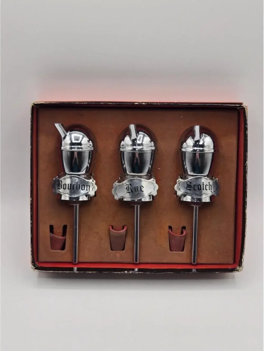Vintage Bar Pourers Set Bourbon Rye Scotch Liquor Bottle Spouts Chrome Barware